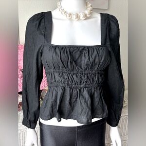 J. Crew Crop Top peasant style Smocked Waist Low Cut long sleeves Black size 10